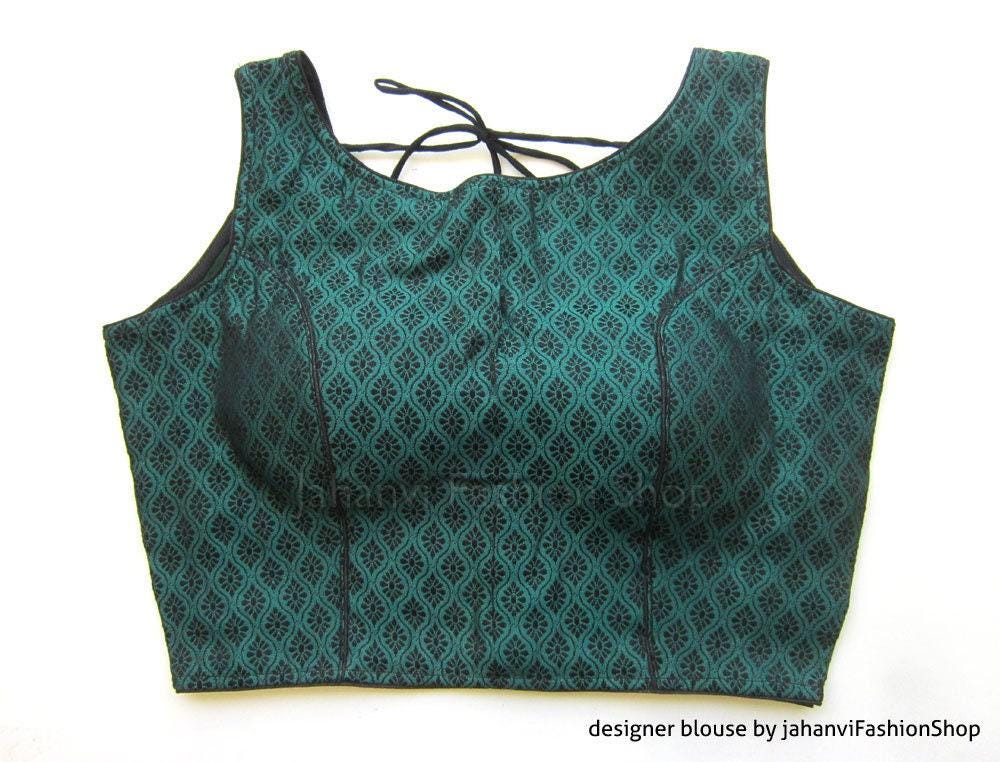 Saree Blouse: Teal Brocade Sleeveless - Boat Neck, Padded