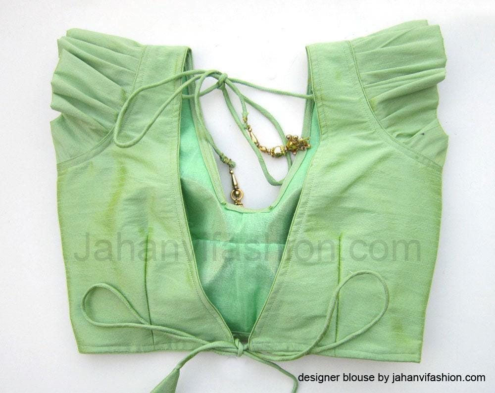 Sea Green Dupion Silk Saree Blouse For Women, V-Neck Ruffle Sleeve Princess Cut Padded Crop Top, Back Hook Bridal Readymade Designer Top