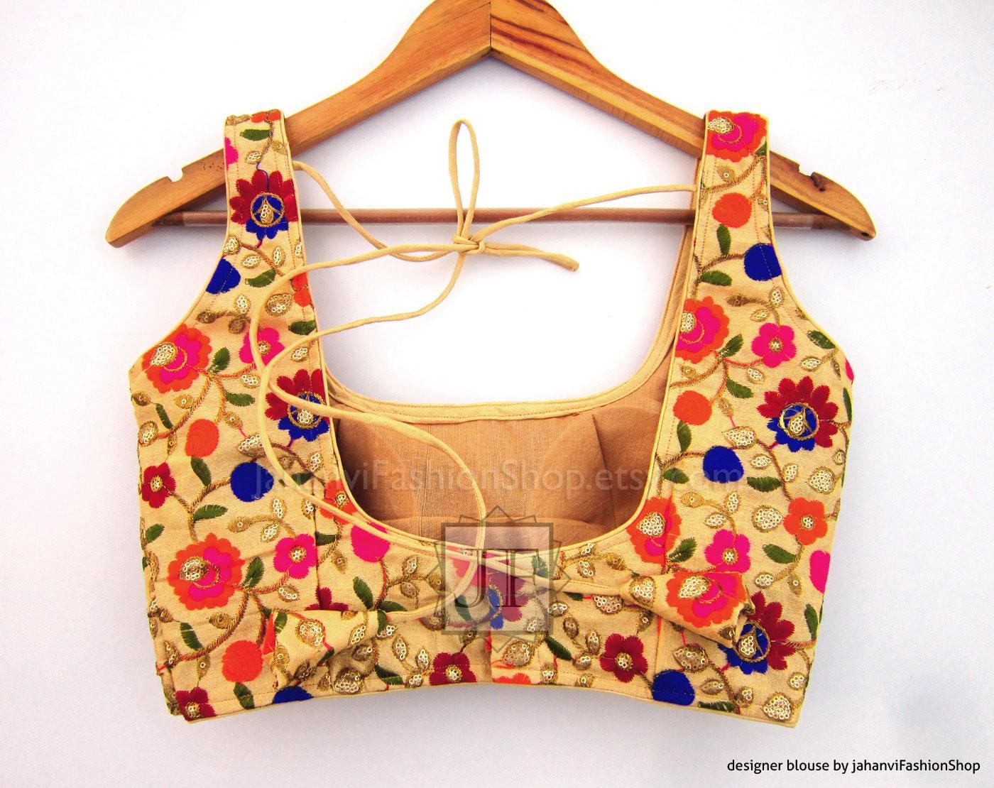 Embroidered sleeveless blouse crop top, tie-back straps, round scoop neck, gold floral