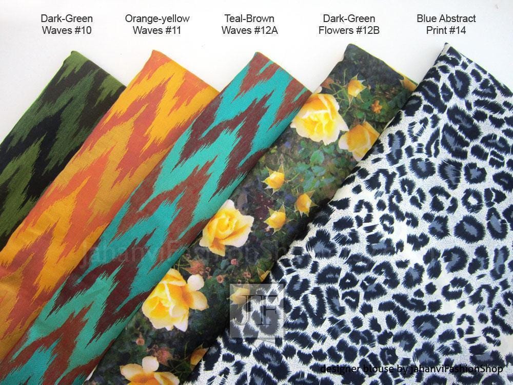 Silk saree blouse fabric swatches: wave patterns and floral, plus dark leopard print