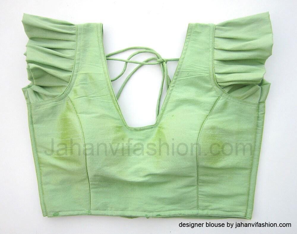 Sea Green Dupion Silk Saree Blouse For Women, V-Neck Ruffle Sleeve Princess Cut Padded Crop Top, Back Hook Bridal Readymade Designer Top