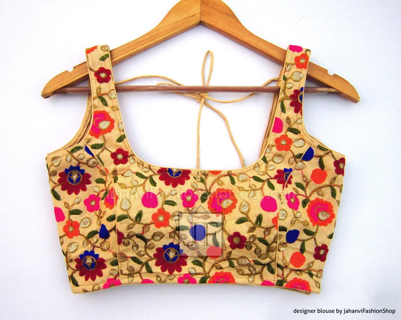 Embroidered sleeveless blouse crop top, round scoop neck, gold base with multicolor flowers