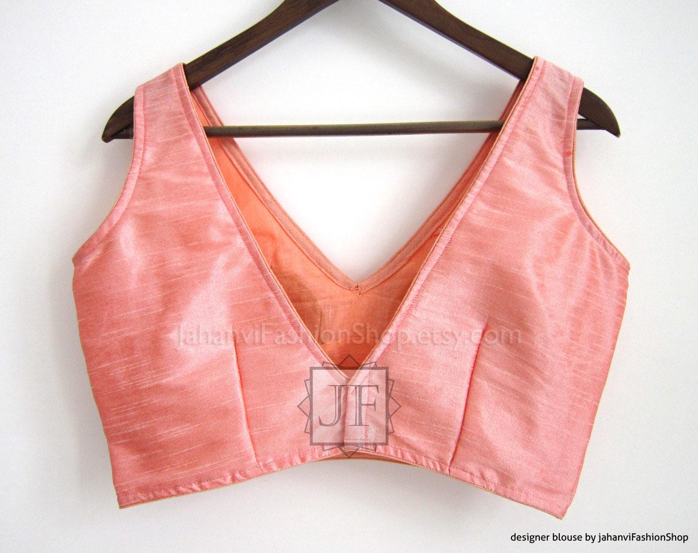 Peach V-neck sleeveless silk blouse crop top with stitched side panels