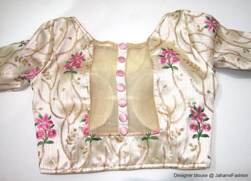 Golden dupion silk sari blouse with long sleeves, pink floral embroidery, button placket