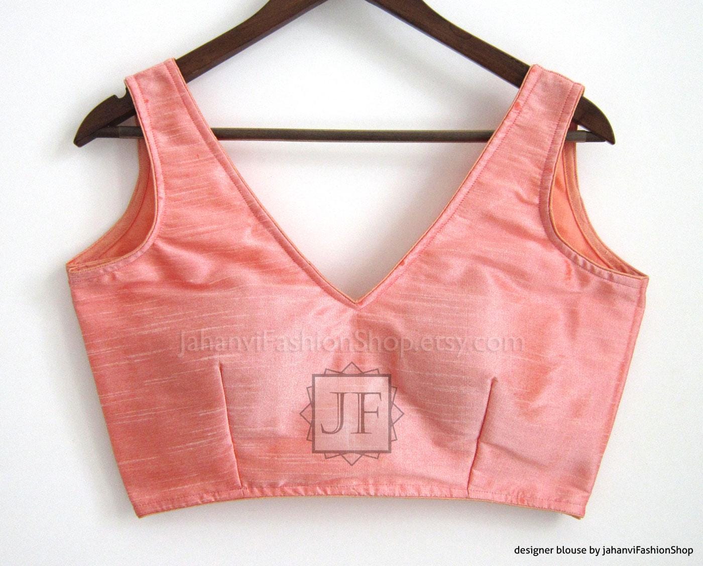 Peach V-neck sleeveless silk blouse crop top with contrast neckline trim