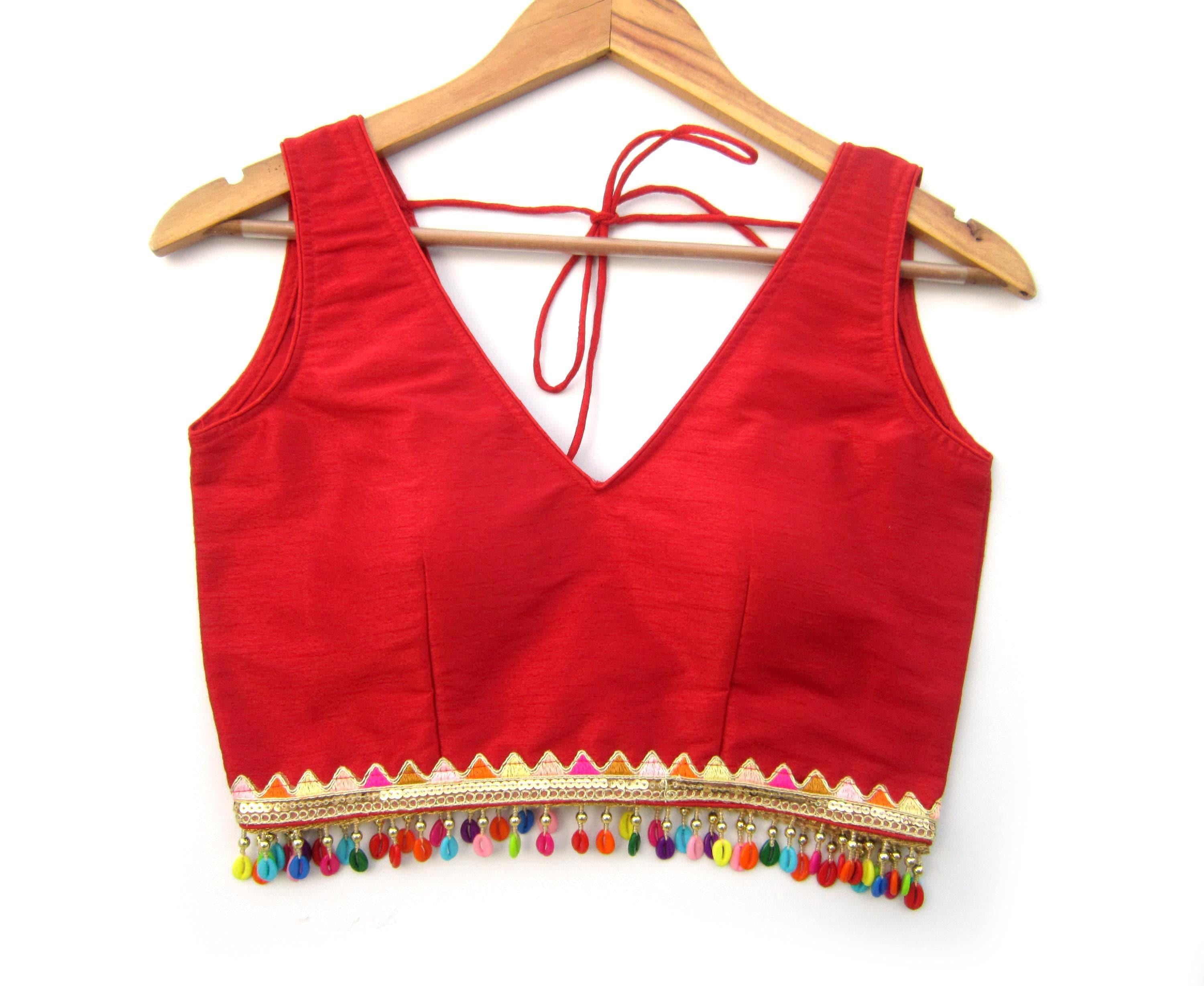 Saree Blouse: Lightweight Dupion Silk - V-Neck, Back Hook Closure