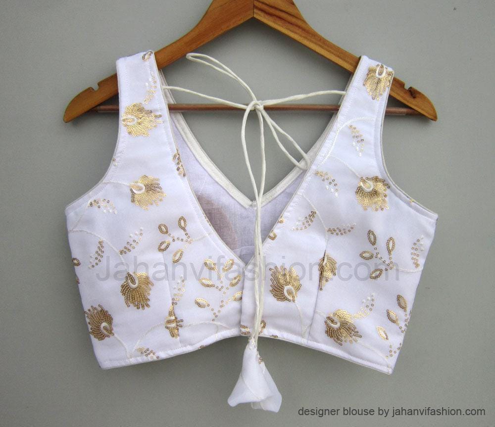 Embroidery saree blouse, sleeveless V-neck tie, white with gold sequin floral pattern