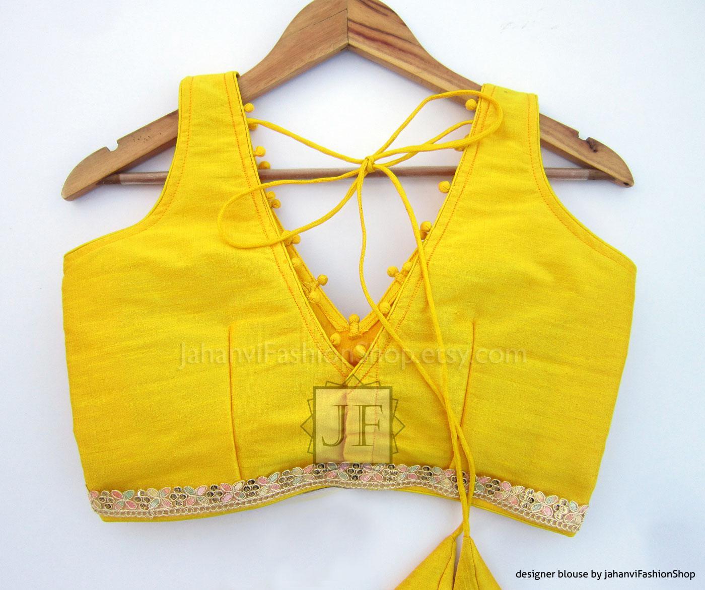 Dupion Silk Saree Blouse, V-Neck, Golden Lace (Custom Size Available)