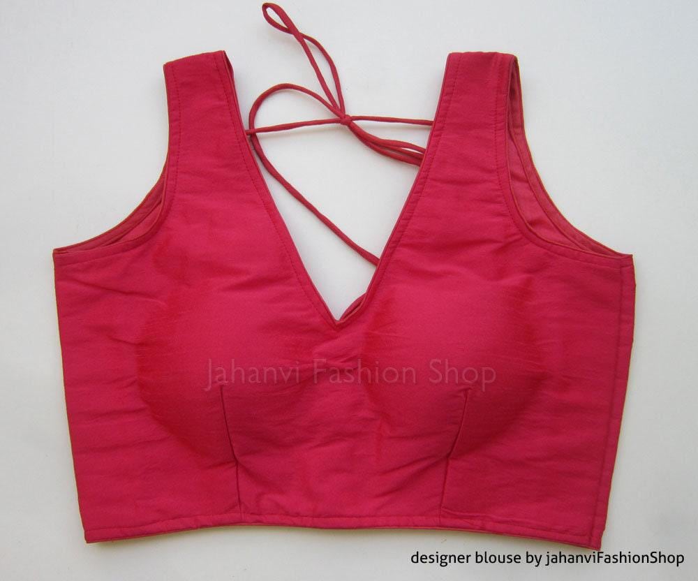 Embroidered Saree Blouse: Magenta V-Neck Style, Ready to Wear Crop Top