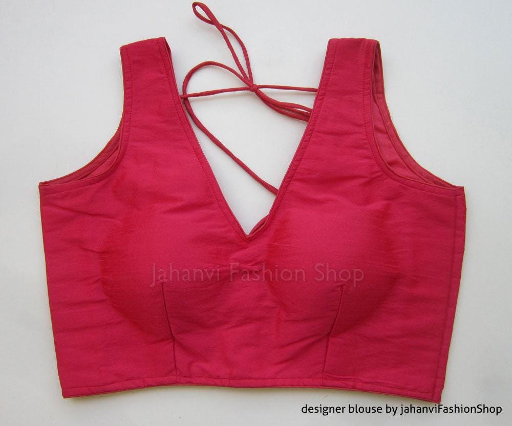 Embroidered Saree Blouse: Magenta V-Neck Style, Ready to Wear Crop Top