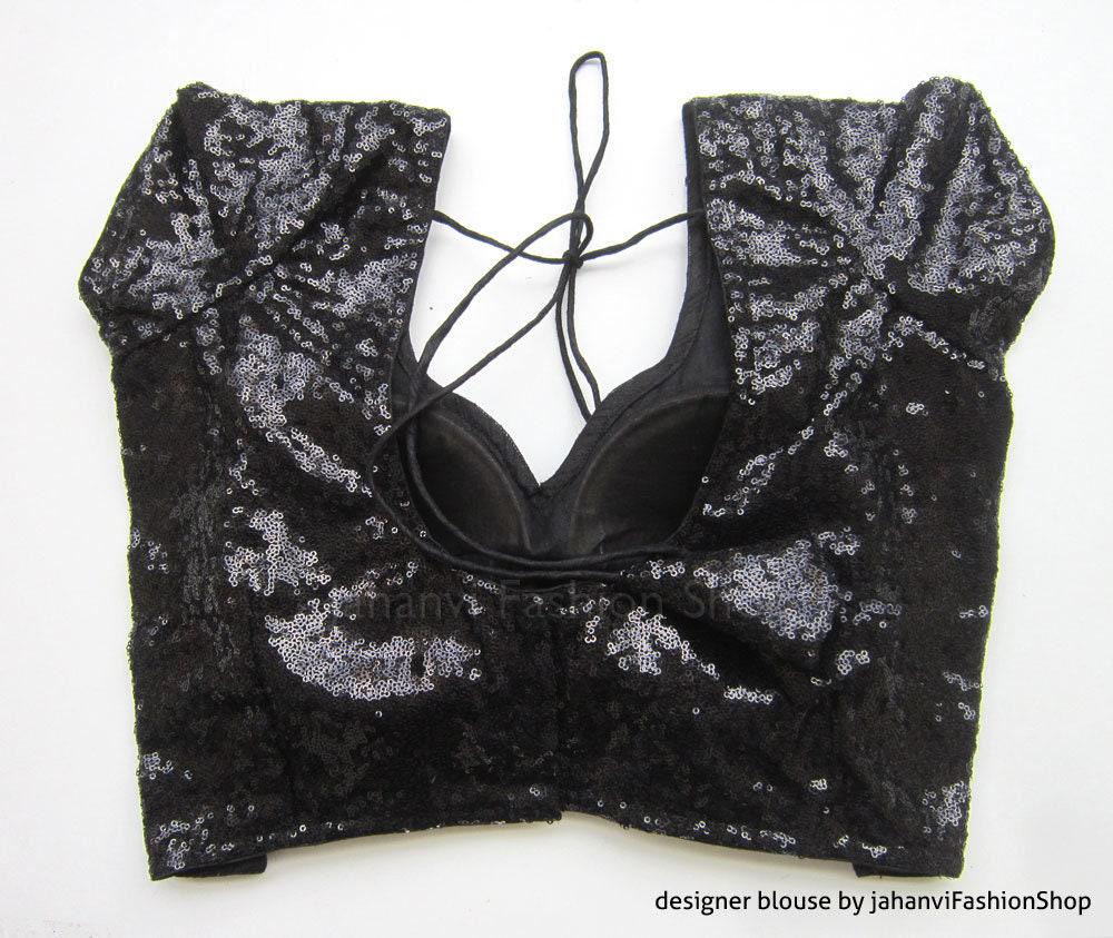Black Sequins Saree Blouse: Party Wear Crop Top, Padded, Back Hook