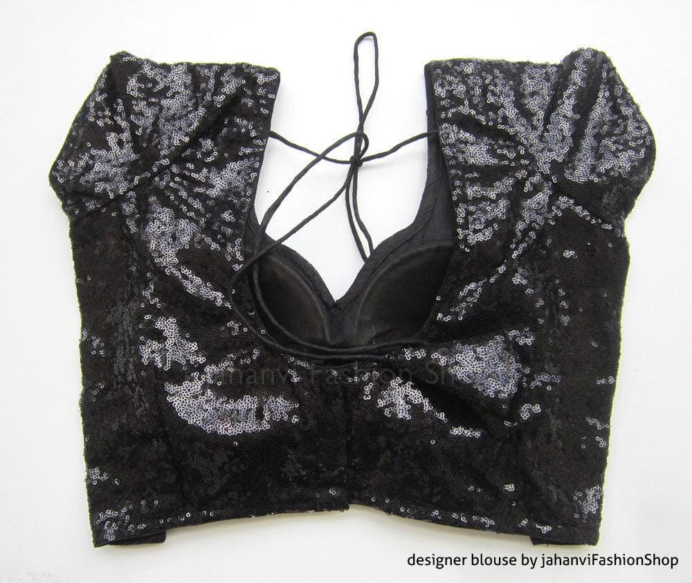 Black Sequins Saree Blouse: Party Wear Crop Top, Padded, Back Hook