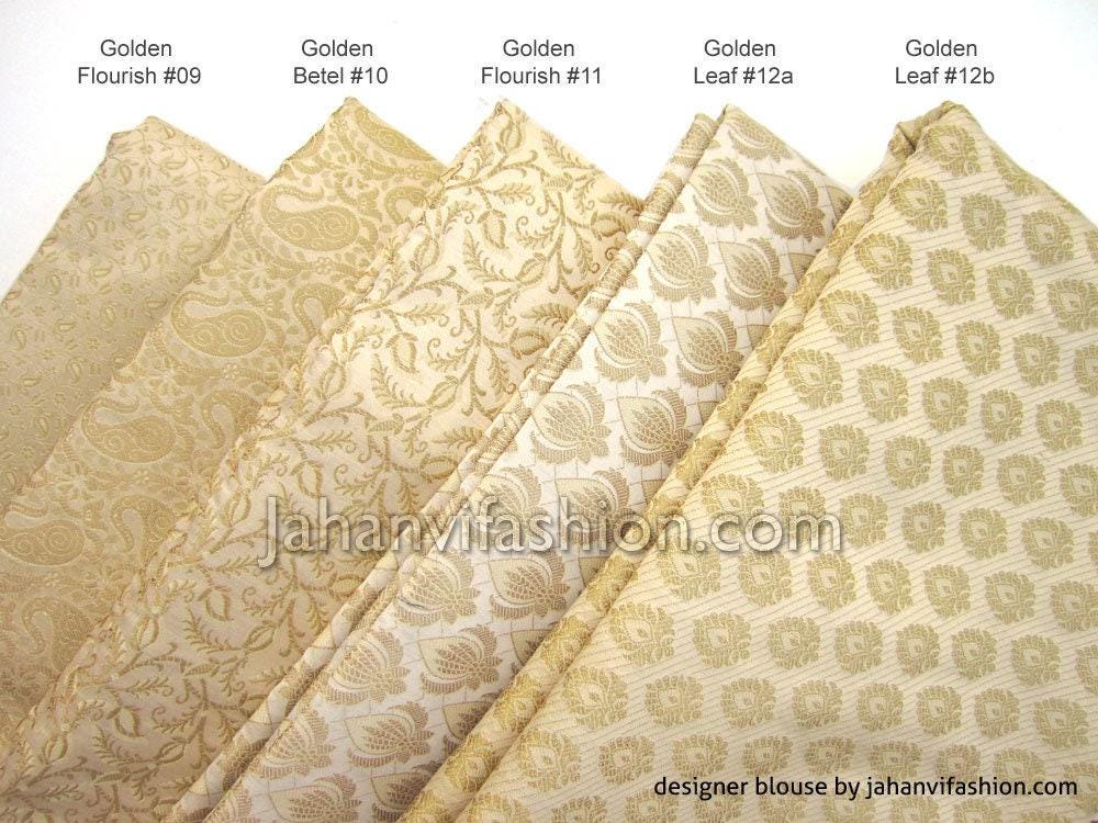 Golden saree blouse fabric swatches with flourish and botanical motifs