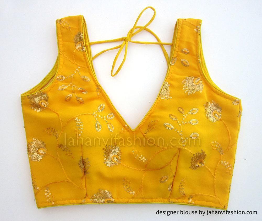 Embroidery saree blouse, sleeveless V-neck with tie, deep yellow with gold sequin details
