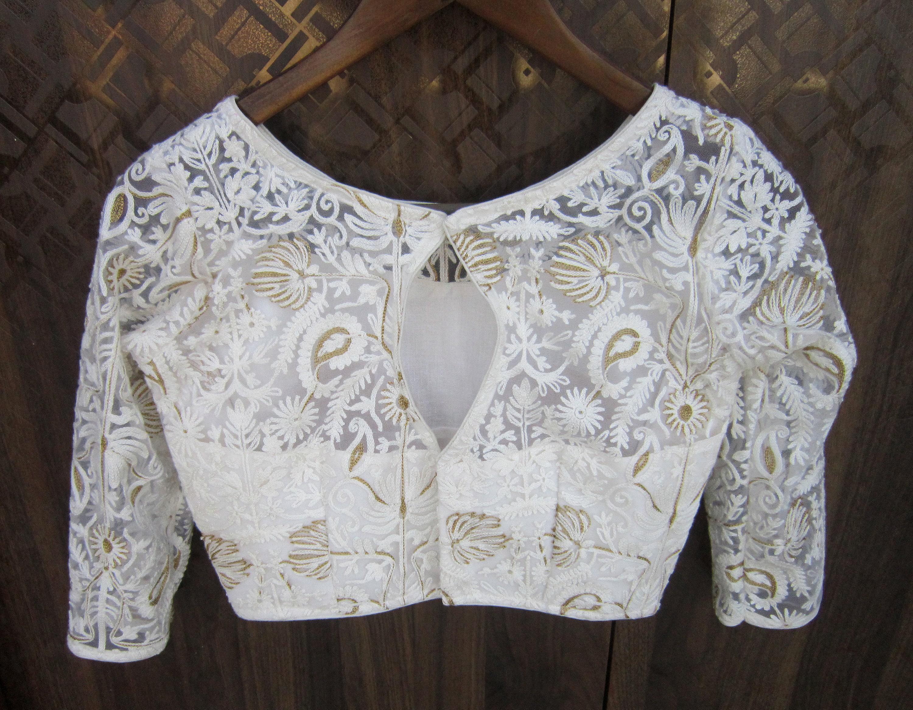 Premium White Embroidery Ready To Wear Saree Blouse Women Sheer Mesh Lace Top 3/4 Net Sleeves, Custom Fit Party Wear Designer Crop Top USA