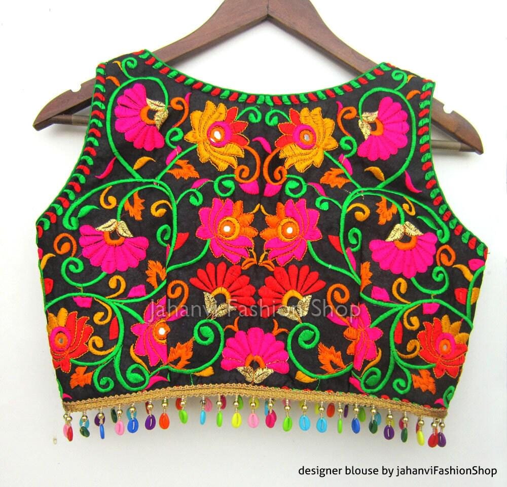 Colorful Traditional Embroidered Saree Blouse- Kutch Work Garba Crop Top
