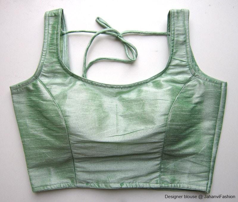 Green wide round-neck saree blouse with back tie straps