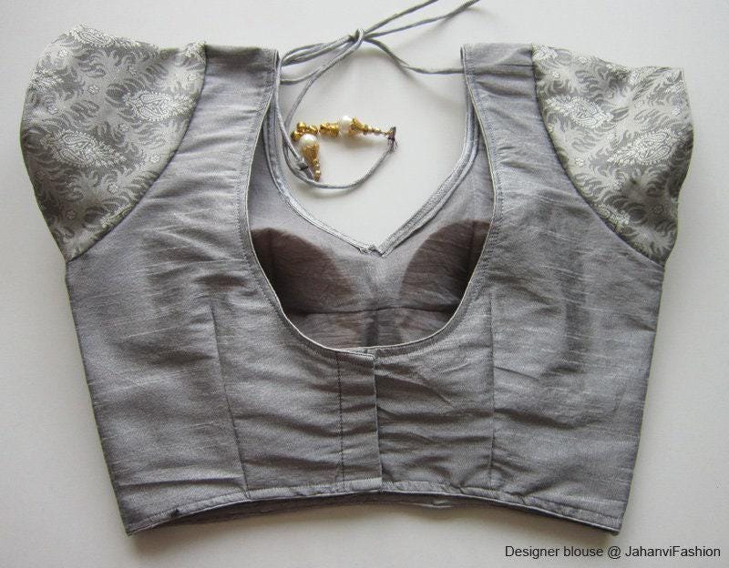 Gray saree blouse with princess seams, V-neck, short sleeves, and loop ties