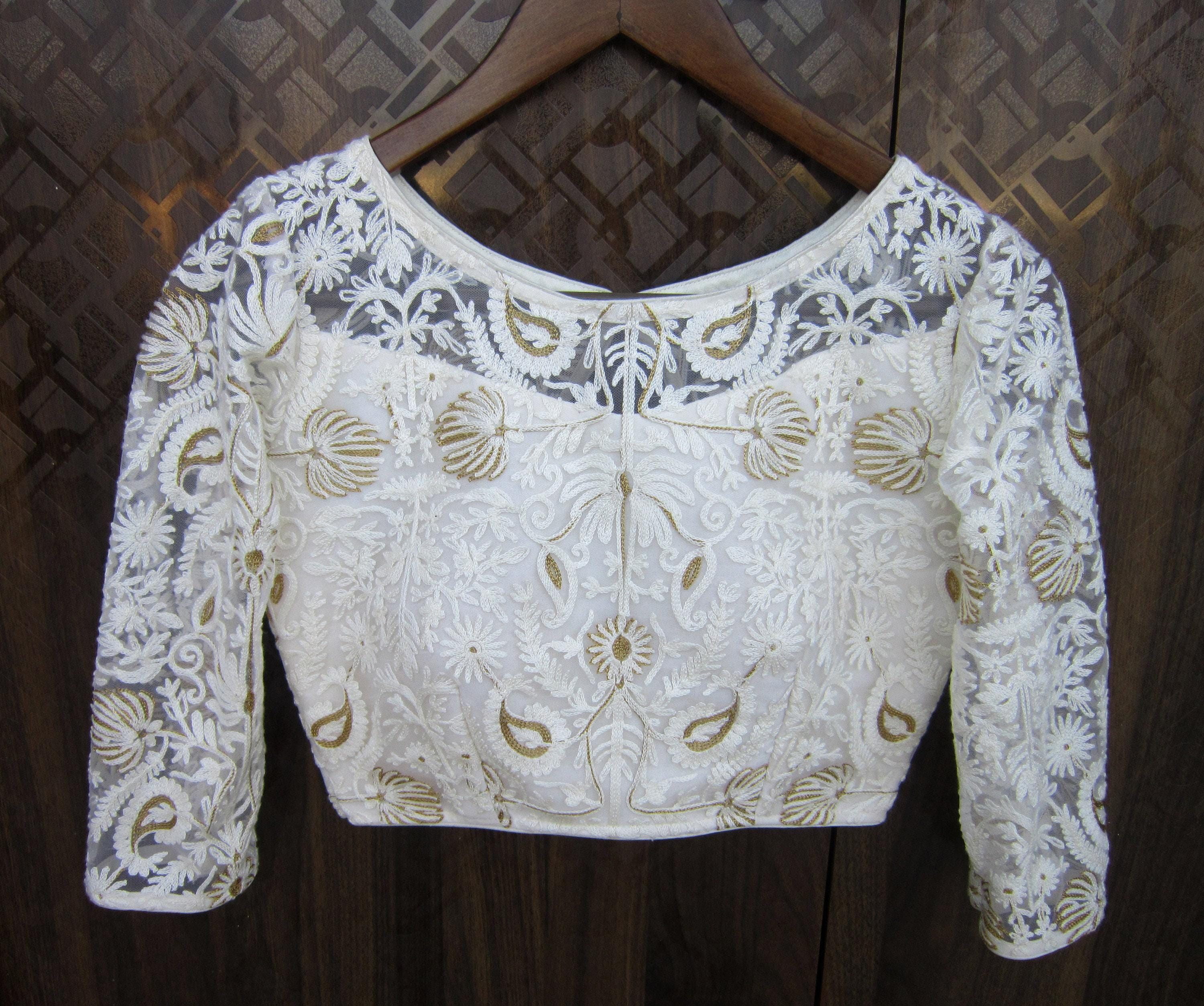 Premium White Embroidery Ready To Wear Saree Blouse Women Sheer Mesh Lace Top 3/4 Net Sleeves, Custom Fit Party Wear Designer Crop Top USA