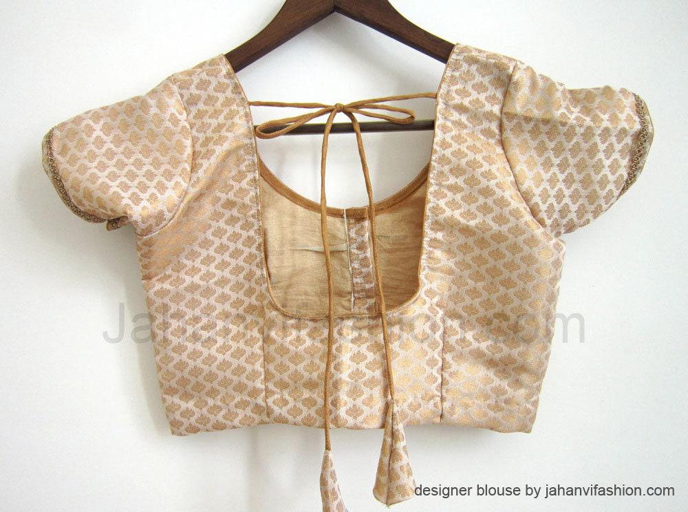 Gold chanderi silk blouse with short sleeves and lace-up back, textured weave