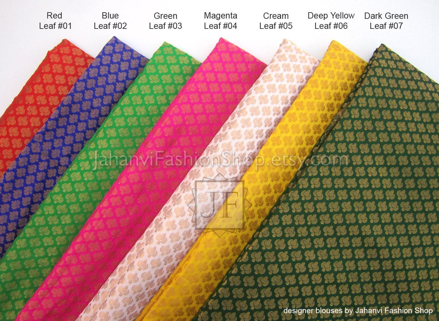 Assorted color chanderi blouse fabrics shown as patterned strips, Red to Dark Green