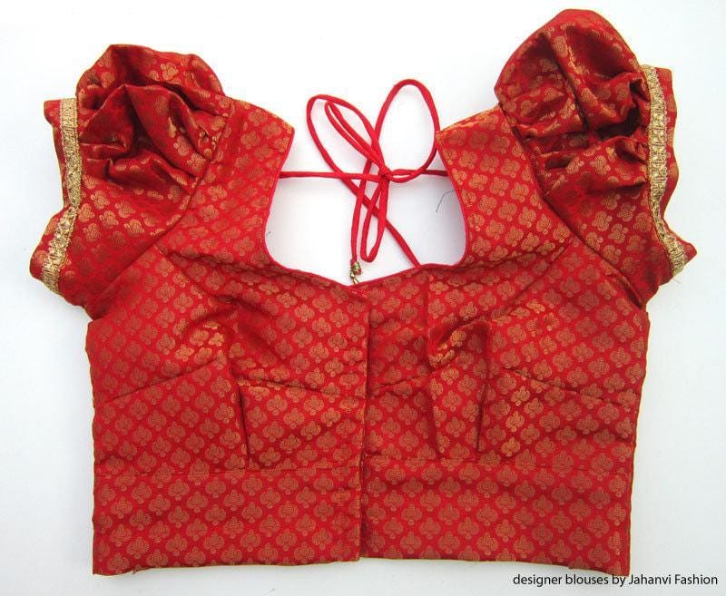 Red printed saree blouse with puff sleeves, square neckline and tie-back drawstring