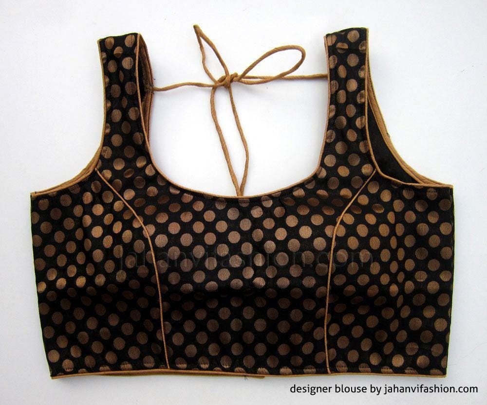 Black scoop-neck chanderi blouse with gold polka-dot pattern and tie-up back