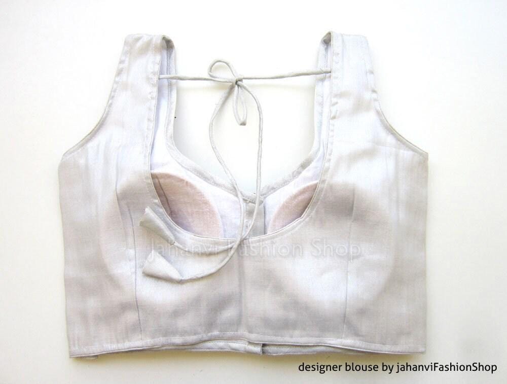 Readymade saree blouse, white sweetheart neckline, stitched cups, button-front, back tie