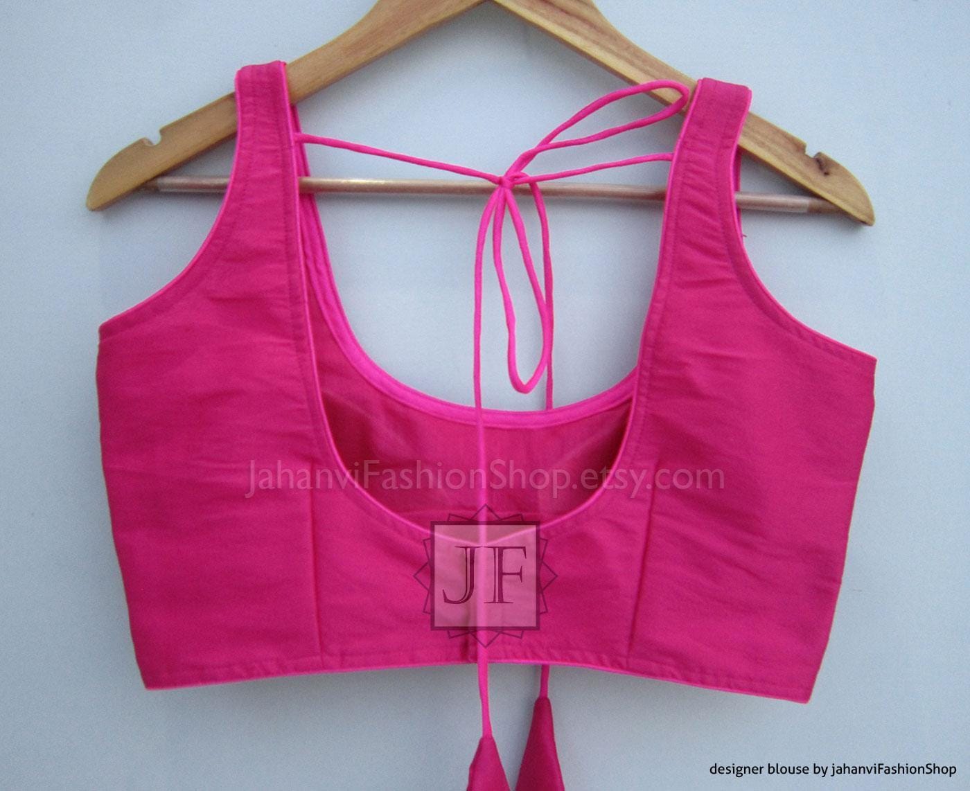 Magenta semi-halter saree blouse open-back design with adjustable tie cords