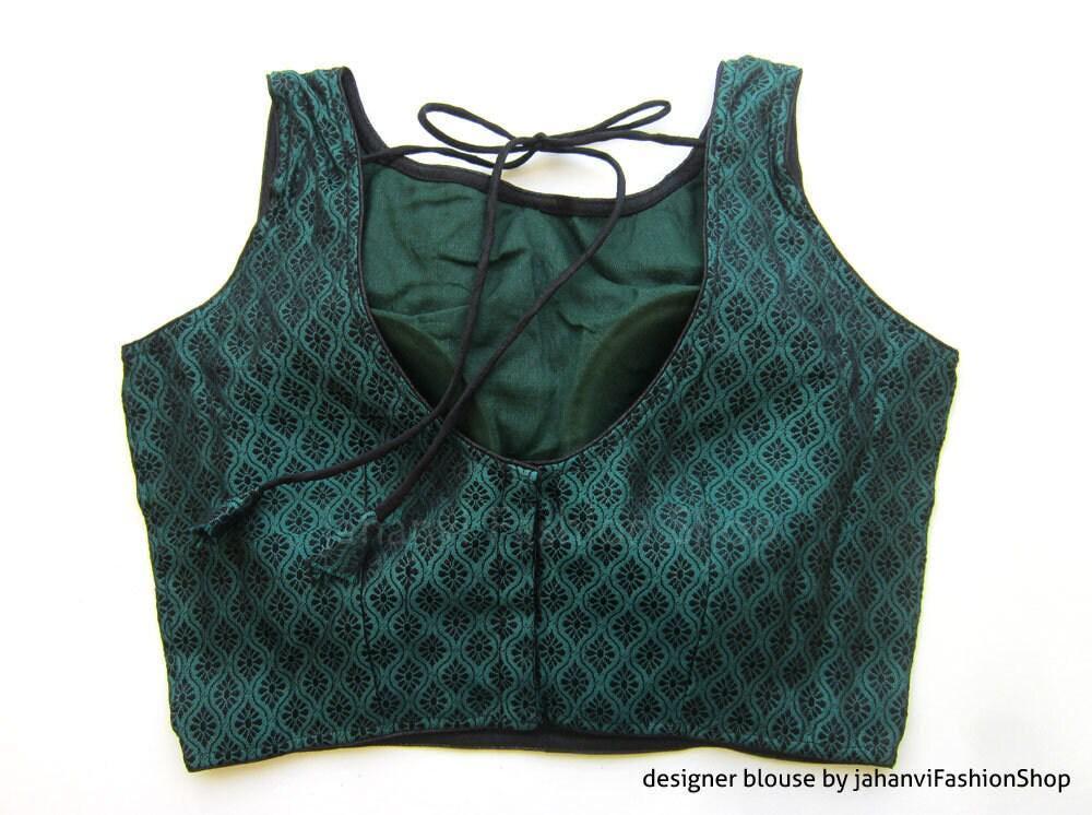 Saree Blouse- Teal Brocade Sleeveless - Boat Neck, Padded