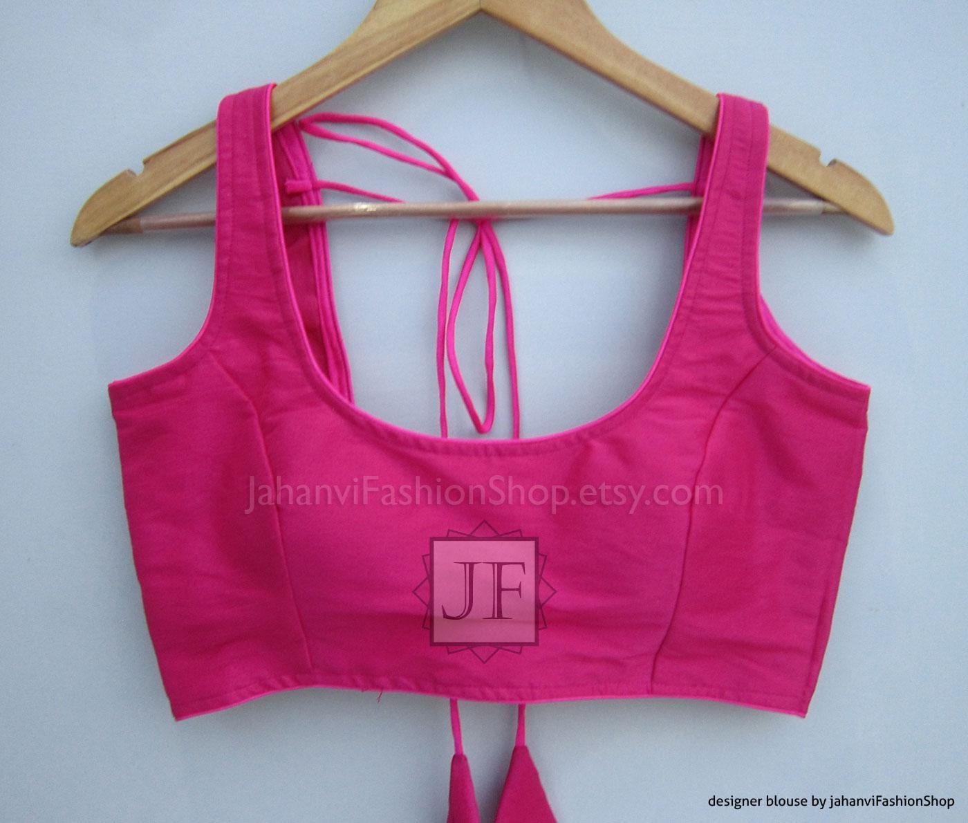 Magenta semi-halter saree blouse with open back and tie straps