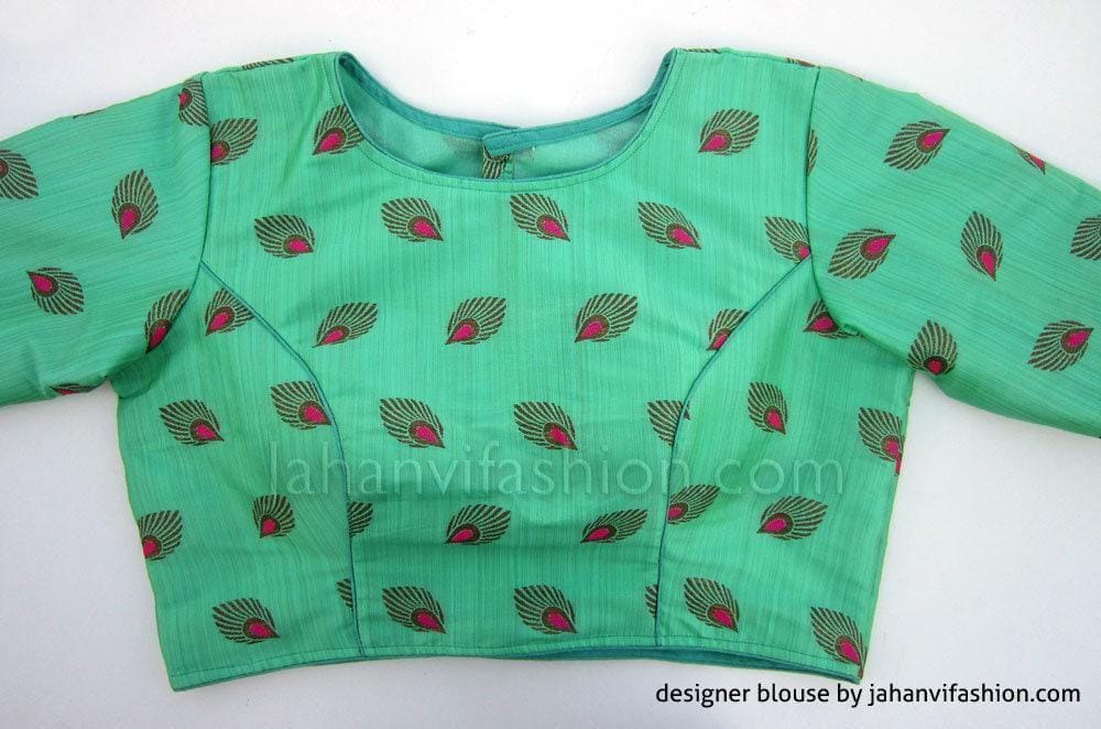 Teal green printed saree blouse, boat neck, long sleeves, center button placket