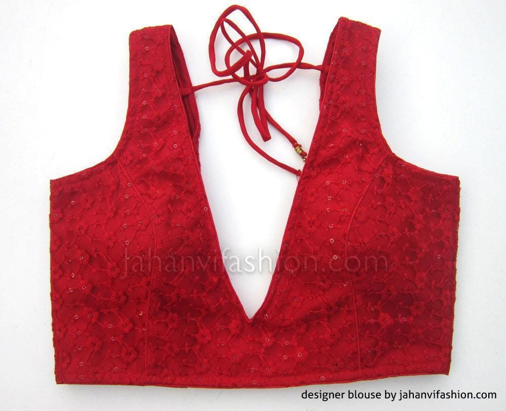 Deep V-Neck Saree Blouse: Red Net Embroidery Sari Top - Made to Order