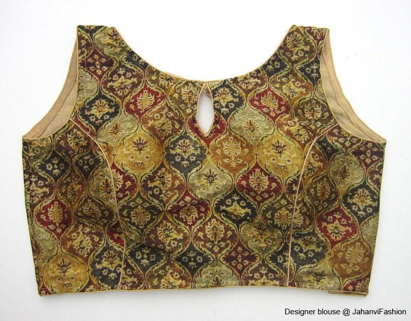 Silk saree blouse with boat neckline keyhole, olive and maroon ornate pattern, sleeveless