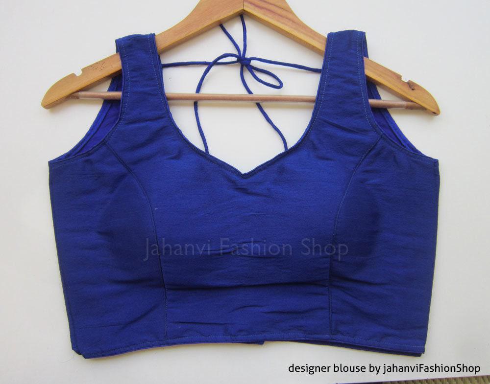 Royal blue sleeveless sweetheart-neck blouse with tie-back straps