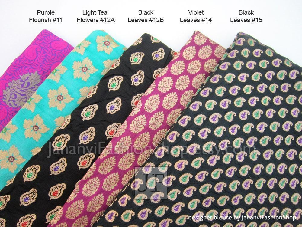 Assorted brocade saree blouse swatches in purple, light teal, black, and violet