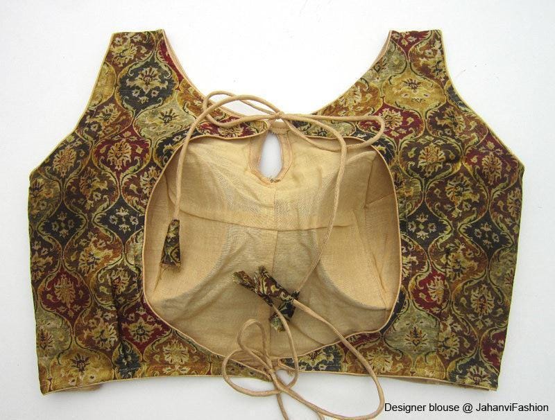 Multicolor Silk Saree Blouse- Backless, Boat Neck, Custom Fit