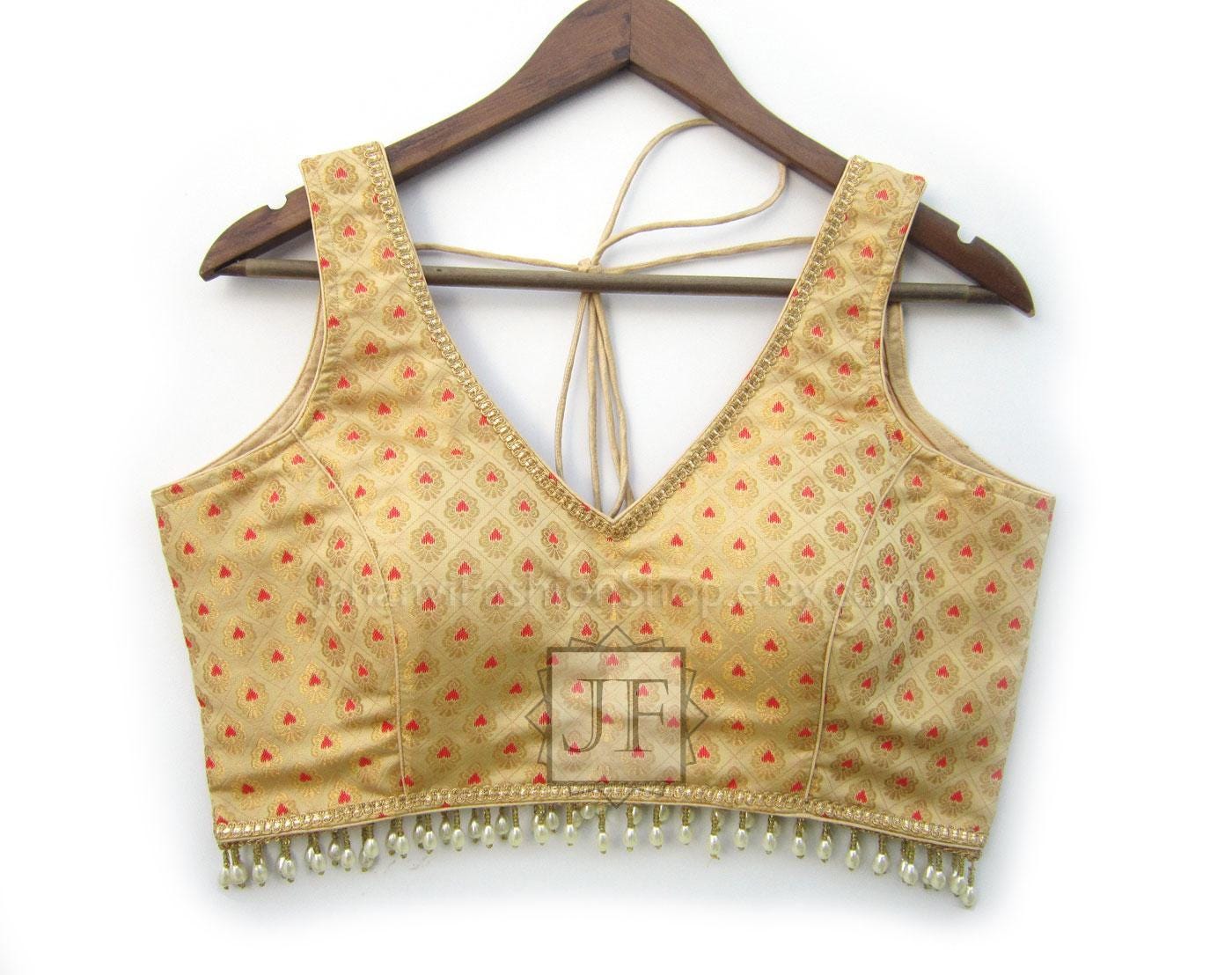 Golden Brocade Saree Blouse: V-Neck, Made to Order