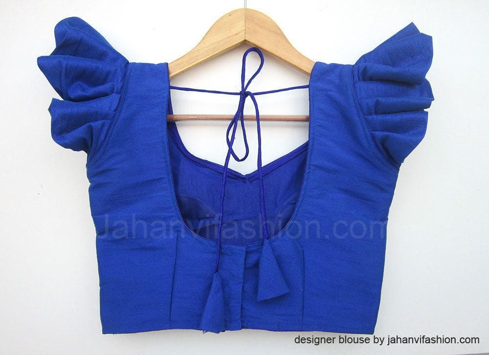 Royal blue saree blouse with ruffled frill sleeves and back tie neckline, tailored fit