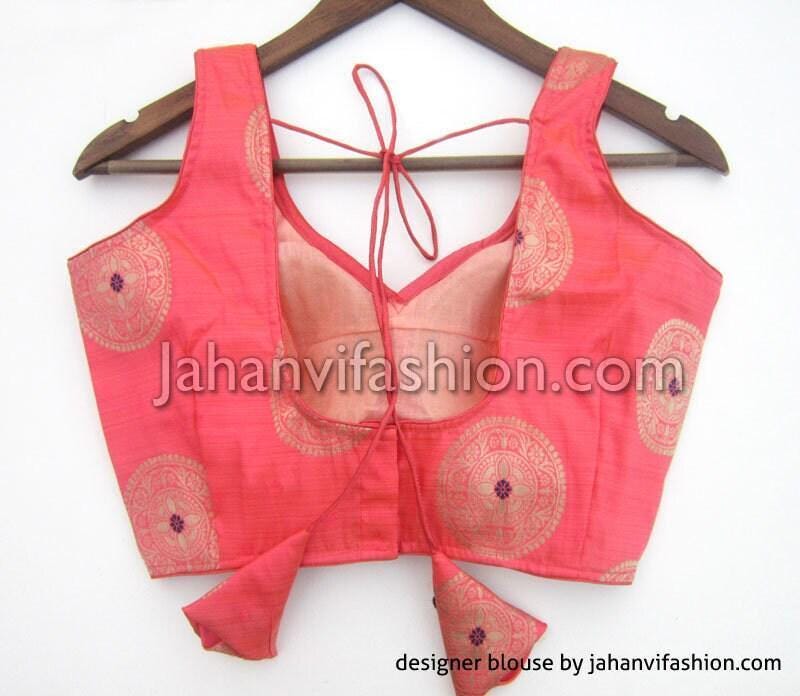 Coral pink brocade saree blouse, sweetheart neckline, sleeveless with back tie strings