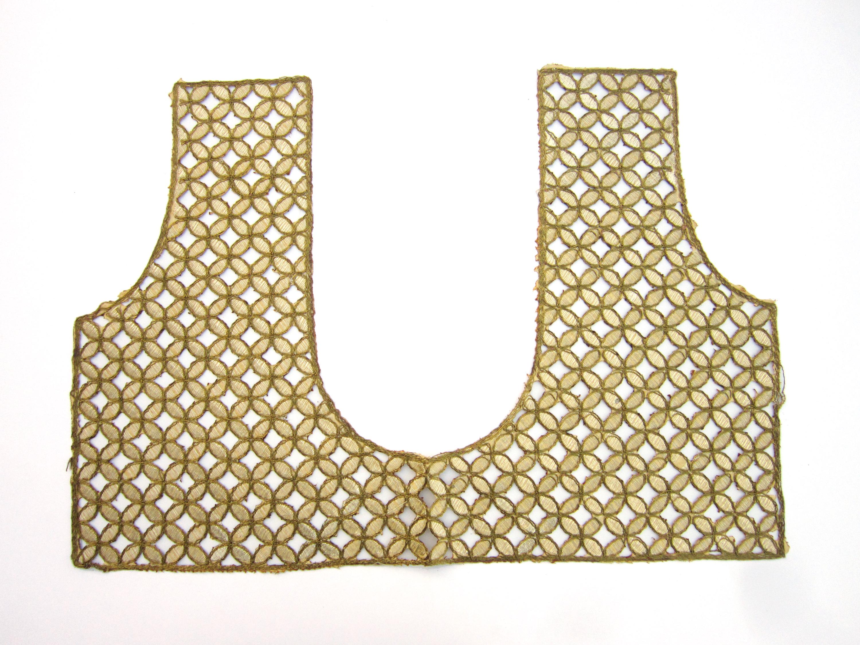 Gold embroidered check-pattern saree blouse with deep round neck and sleeveless shoulders