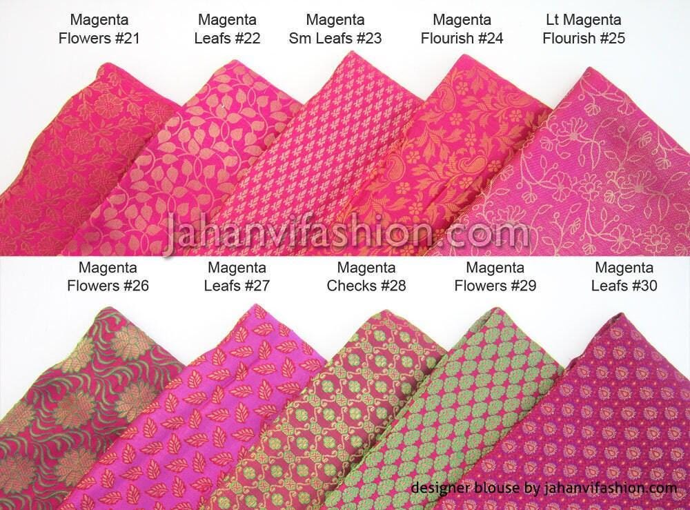 Pink printed puff-sleeve saree blouse fabric swatches with floral and geometric motifs