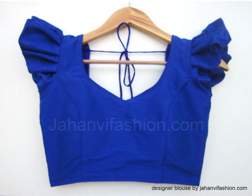 Royal blue saree blouse with frill sleeves, back tie closure, tailored fit