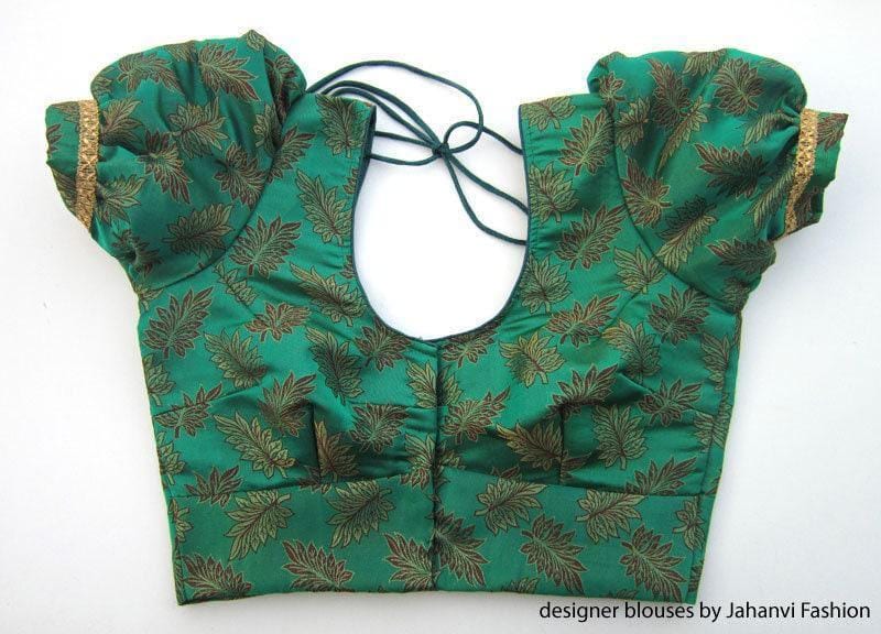 Green printed puff-sleeve saree blouse front with hook and adjustable tie-back