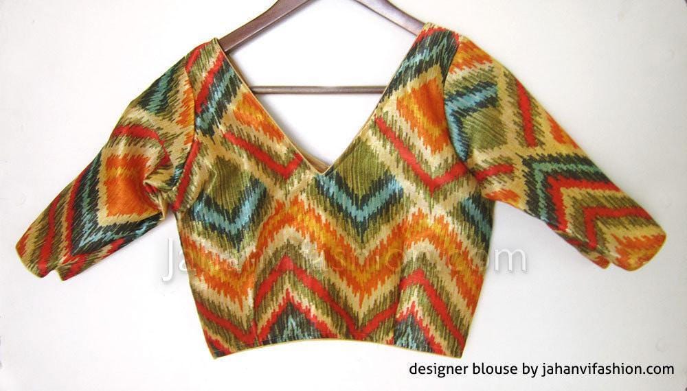 V-neck saree blouse, cropped, multicolor zigzag print with long sleeves
