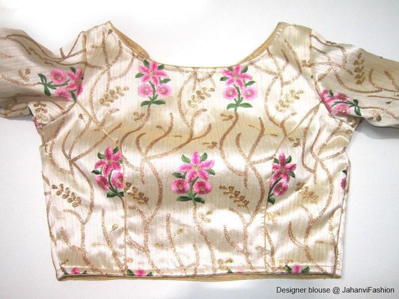 Embroidered Dupion Silk Sari Blouse: Long Sleeves, Modern Crop Top