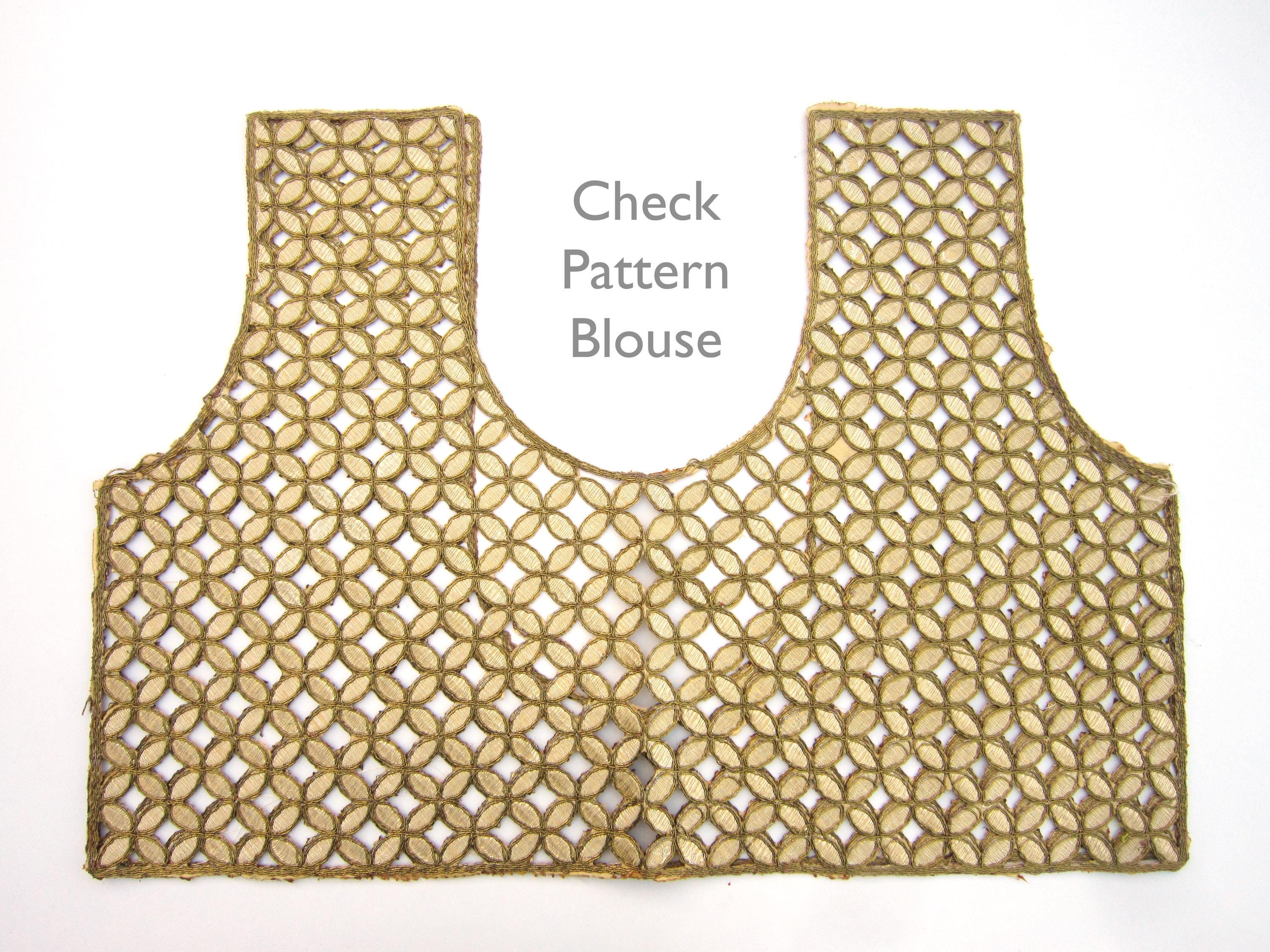 Gold embroidered check-pattern saree blouse with scalloped neckline and sleeveless cut