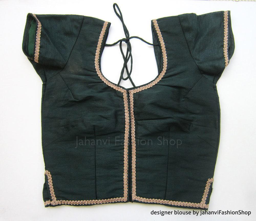 Dark Green Readymade Saree Blouse: Bridal Handmade Raw Silk Crop Top