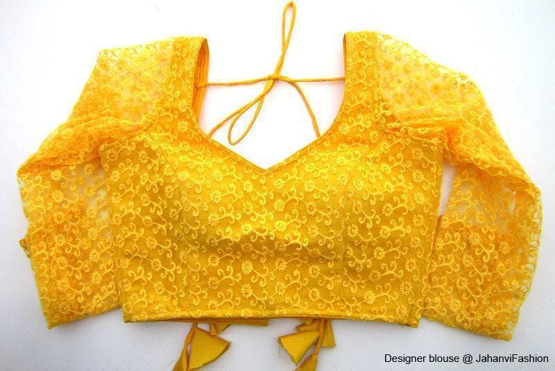 Embroidered Net Saree Blouse: Quarter Sleeves with Tassel Detail