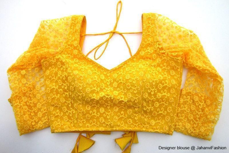 Yellow Net Embroidery Crop Top Sweetheart Neck Deep Back, Designer Tassel Tie-Up Bridal Party Wear | Made To Order Custom Fit Saree Blouse